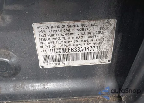 2003 Honda Accord 2.4 Ex из США, поврежденный, VIN 1HGCM56633A067718